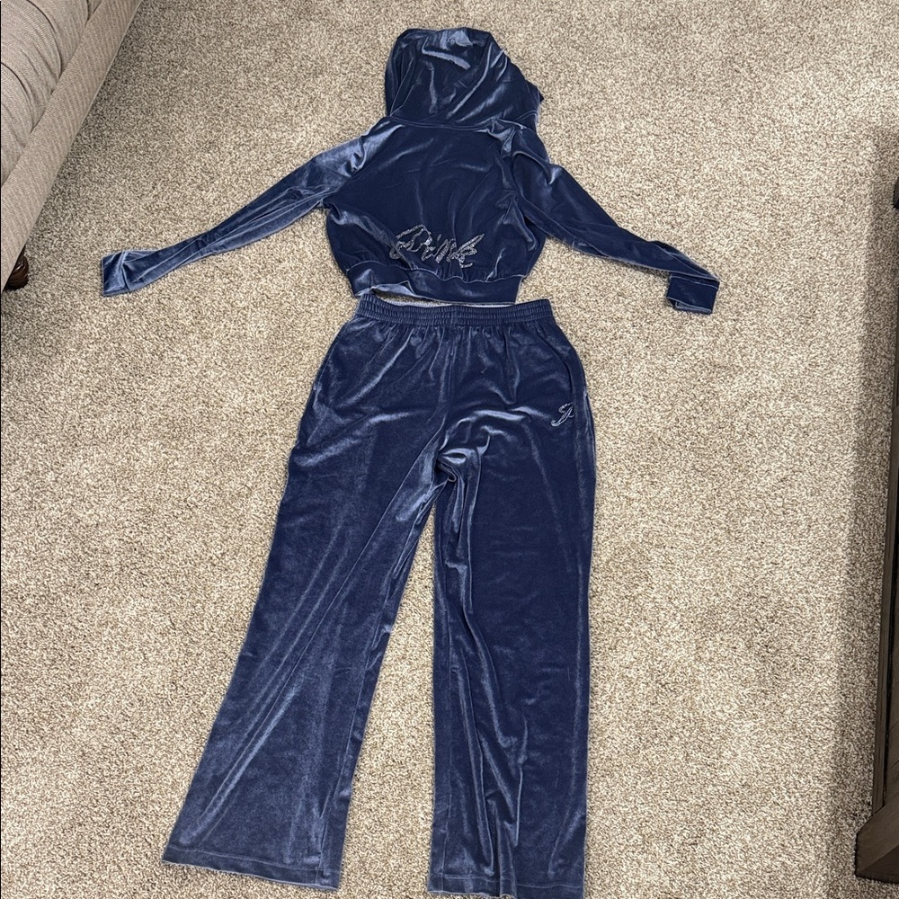 Victoria's Secret Navy Blue Rhinestone/Velour Track Pants & Hoodie Set